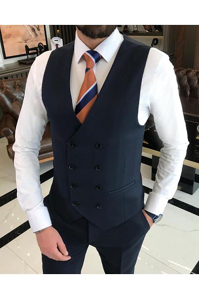 TerziAdemAltun Italian Style Jacket Vest Trousers Suit Navy Blue T9083