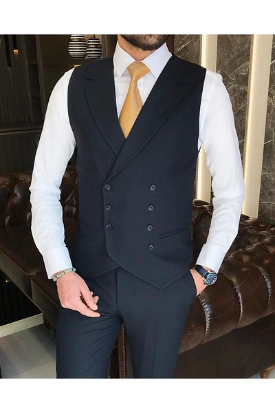 TerziAdemAltun Italian Style Slim Fit Men's Jacket Vest Pants Suit Navy Blue T9134
