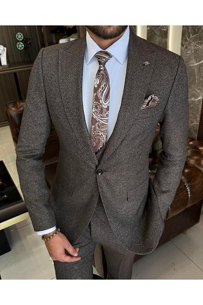 TerziAdemAltun Italian style slim fit jacket vest pants suit brown T10322