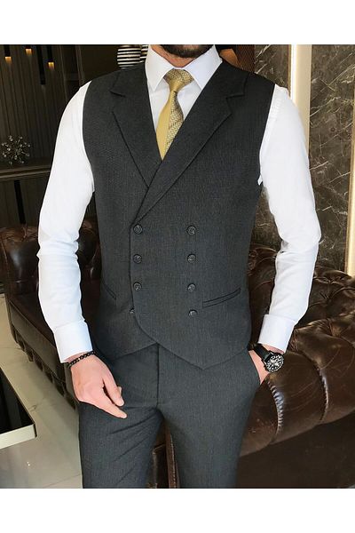 TerziAdemAltun Italian Style Slim Fit Men's Jacket Vest Trousers Suit Anthracite T9130
