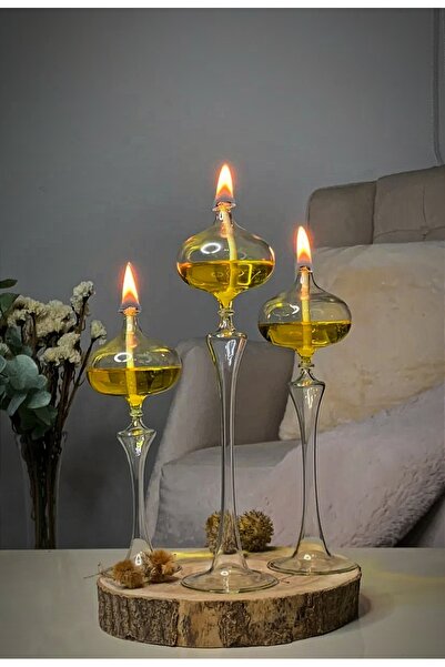 Shabbo Glass Elips Şamdan Cam Kandil 3lü Set Sarı