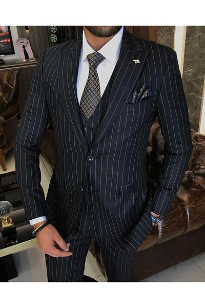 TerziAdemAltun Italian style striped jacket vest pants suit Navy blue T9930