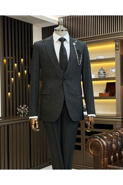 TerziAdemAltun Black Slim Fit Italian Style Men's Jacket and Vest Set - T11027