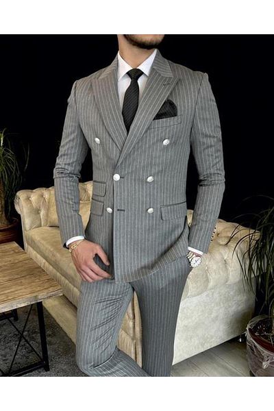 TerziAdemAltun Italian Style Gray Striped Double Breasted Jacket and Trousers Set - T10705