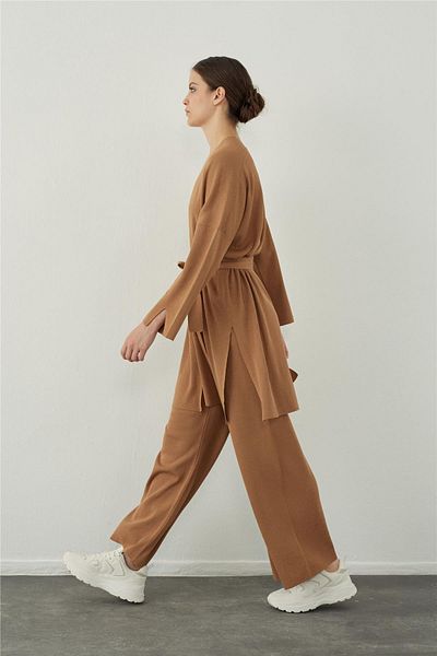 SHERIN Camel Tube Leg Basic Knitwear Trousers