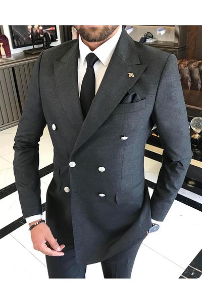 TerziAdemAltun Italian Style Double-breasted Jacket Trousers Suit Anthracite T4345