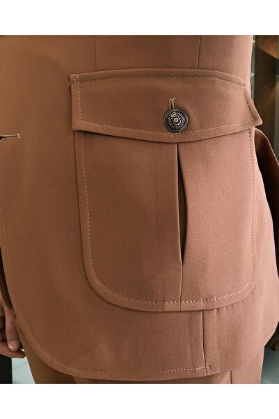 TerziAdemAltun italyan stil slim fit yün karışımlı likralı safari ceket pantolon takım elbise camel T9581