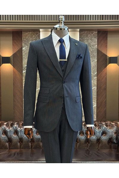 TerziAdemAltun Navy Italian Style Striped Suit - Jacket, Vest and Trousers T10729