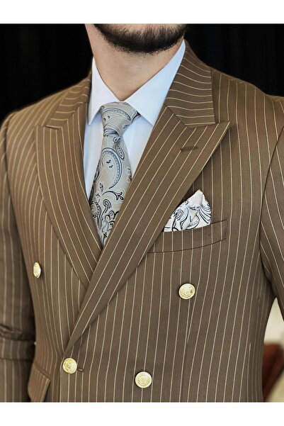 TerziAdemAltun Italian Style 8 Drop Striped Brown Dress - Double Breasted Jacket and Pants Set T10708