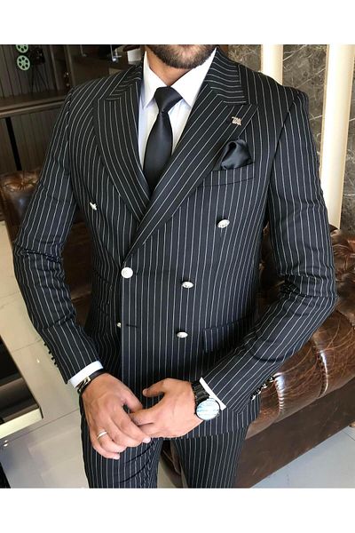 TerziAdemAltun Italian Style Double-breasted Jacket Trousers Suit Black T4335