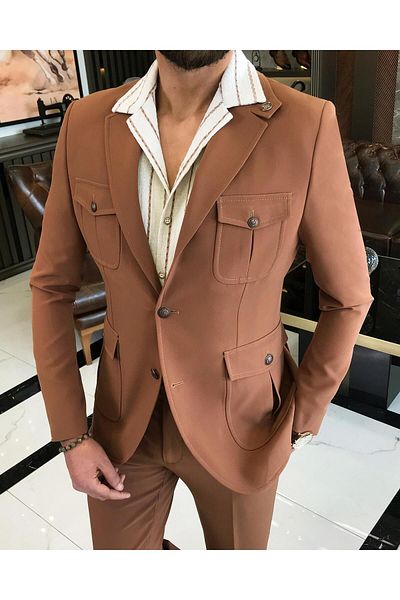 TerziAdemAltun italian style slim fit wool blended lycra safari jacket pants suit camel T9581