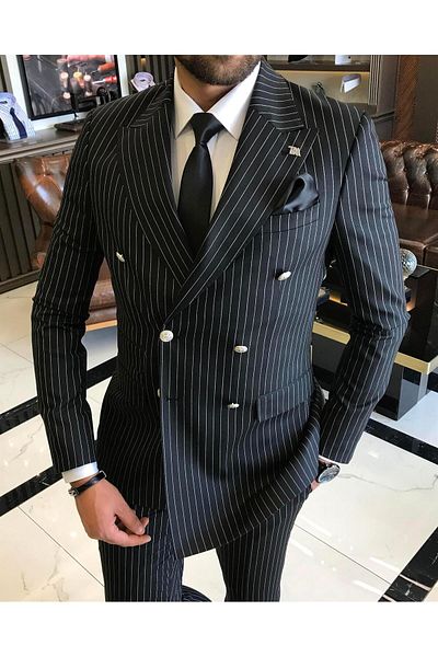 TerziAdemAltun Italian Style Double-breasted Jacket Trousers Suit Black T4335