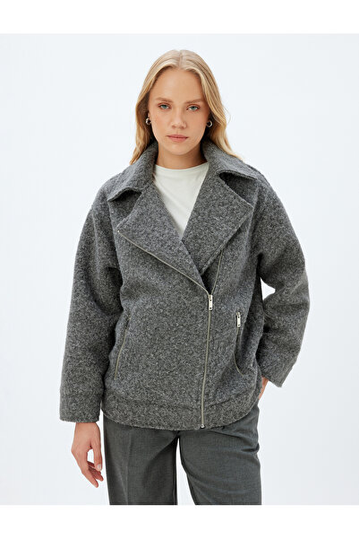 Koton Plyšový krátký kabátový bundový límec s kapsami na zip