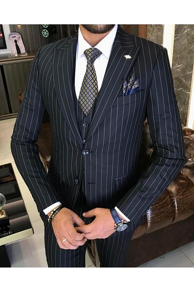 TerziAdemAltun Italian style striped jacket vest pants suit Navy blue T9930