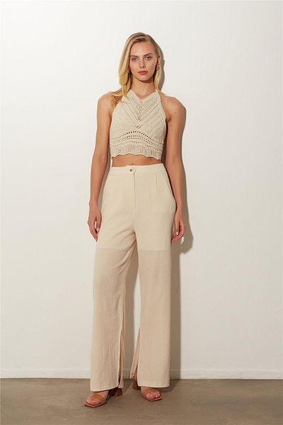 SHERIN Ecru High Waist Wide Leg Linen Slit Trousers