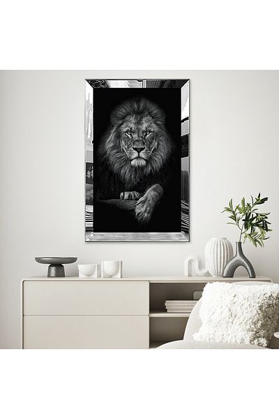 Zevahir Mobilya Dekorasyon Masă unică din MDF Asil Lion alb-negru cu cadru din plexiglas cu oglindă argintie