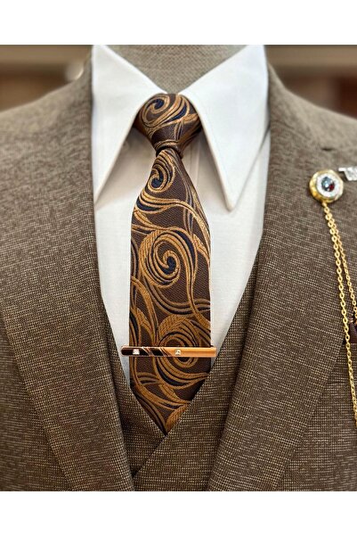 TerziAdemAltun İtalyan stil slim fit ceket yelek pantolon takım elbise kahverengi T9953