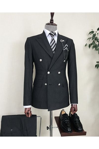 TerziAdemAltun Italian Style Striped Double Breasted Jacket Pants Suit Anthracite T8607