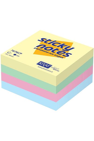 KRAF 7676Cp - Adhesive Pastel Note Paper, 76X76 Cube, 400Yp