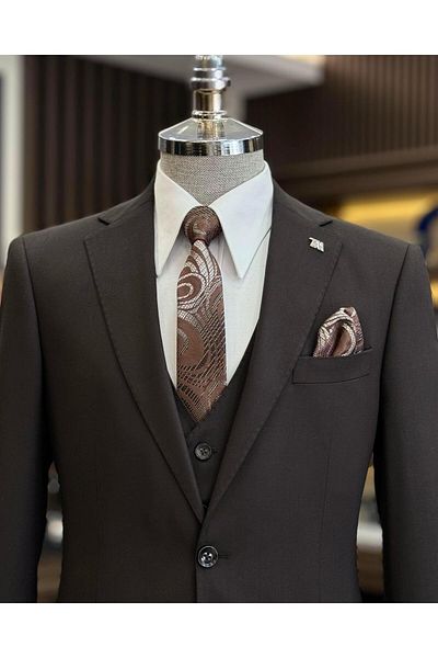 TerziAdemAltun Men's Suit - Brown, Classic Fit, Jacket, Vest and Trousers T11102