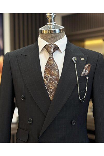 TerziAdemAltun Black Italian Style Plaid Double Breasted Jacket and Pants Set - T11126