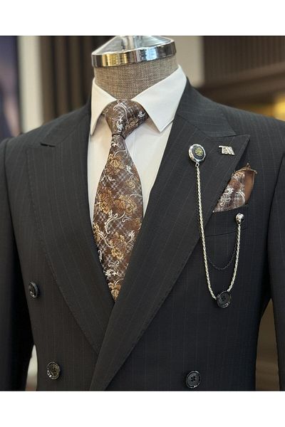 TerziAdemAltun Black Italian Style Plaid Double Breasted Jacket and Pants Set - T11126