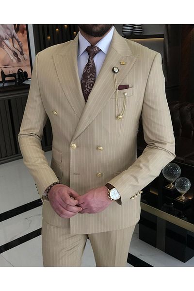 TerziAdemAltun Jachetă cu dungi în stil italian, pantaloni, costum Camel T8684