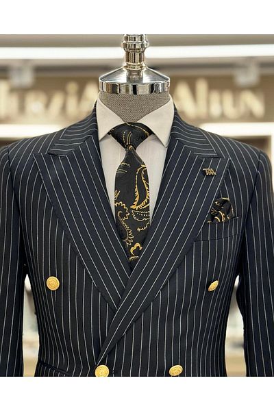 TerziAdemAltun Navy Blue Italian Style 8 Drop Striped Double Breasted Jacket and Trousers Set - T10701