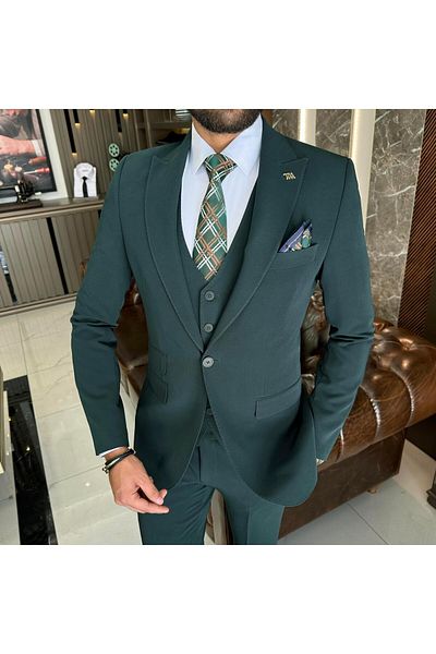 TerziAdemAltun Green Slim Fit Italian Style 8 Drop Jacket and Vest Pants Set - T10308