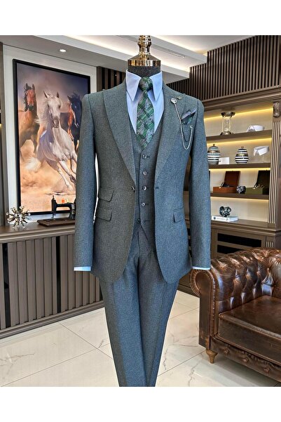 TerziAdemAltun Ανδρικό κοστούμι παντελόνι γιλέκο σακάκι ιταλικού στυλ πράσινο T11119