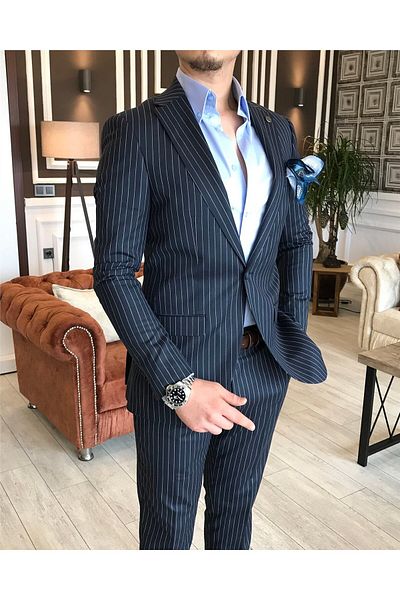TerziAdemAltun Italian Style Slim Fit Striped Men's Jacket Trousers Suit Dark Navy T4896