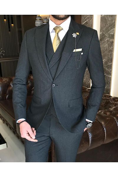 TerziAdemAltun Italian Style Slim Fit Men's Jacket Vest Trousers Suit Anthracite T9130