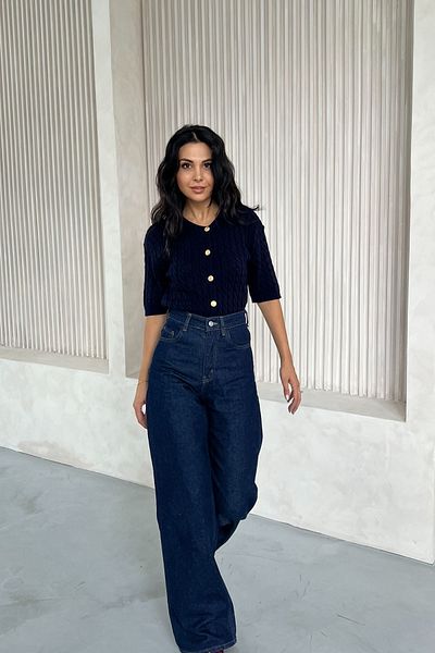 Seda Yalçın Atelier Navy Blue Braided Gold Button Detailed Knitwear Cardigan