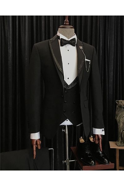 TerziAdemAltun Italian Cut Jacket Vest Pants Groom Suit Set Black T7239