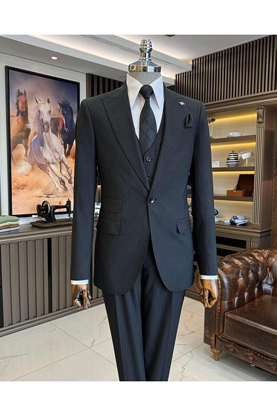 TerziAdemAltun Σετ Μαύρο Slim Fit ριγέ μπουφάν και γιλέκο - T11815