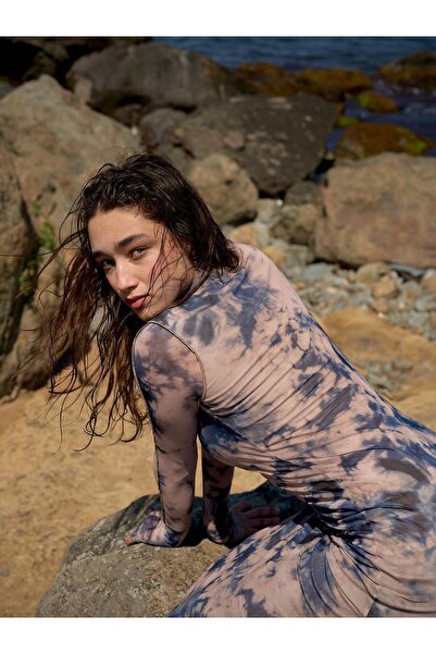 Juste Batik Desen Midi Uzun Kollu Elbise