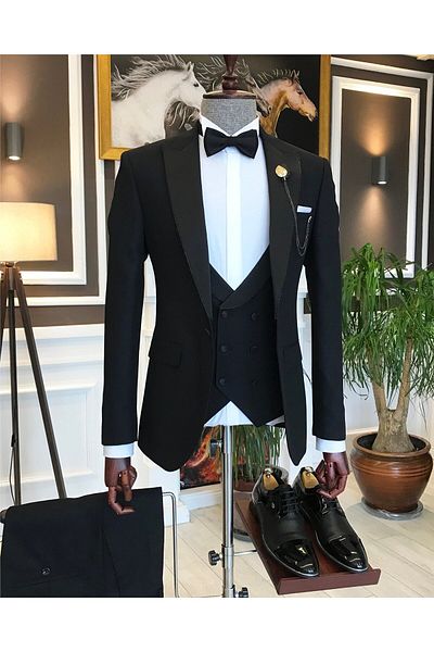 TerziAdemAltun Italian Cut Men's Jacket Vest Pants Groom Suit Set Black T6313