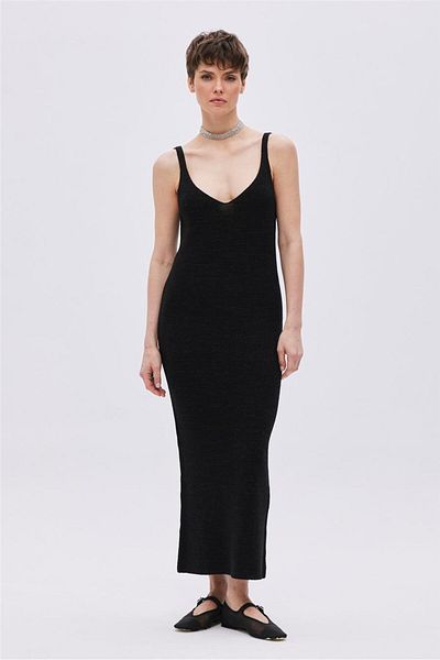 SHERIN Black Glitter V-Neck Knitwear Dress