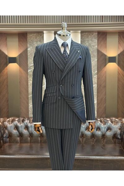 TerziAdemAltun Navy Blue Slim Fit Striped Double Breasted Jacket and Trousers Set - T11938
