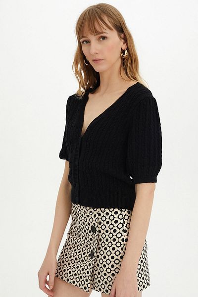 SHERIN Black Braided Buttoned Knitwear Cardigan