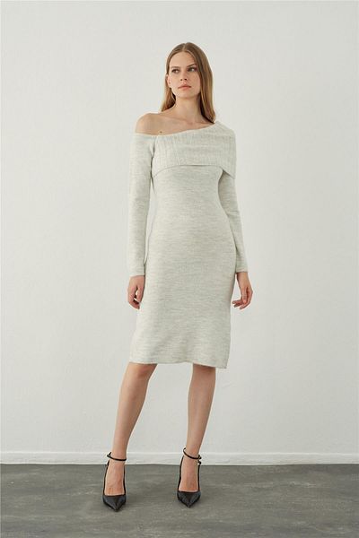 SHERIN Ecru Asymmetrical Off-the-Shoulder Knitwear Dress