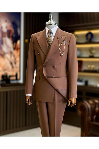 TerziAdemAltun Brown Slim Fit Italian Style Double Breasted Jacket and Pants Set - T12602