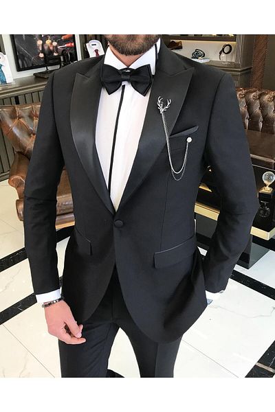 TerziAdemAltun Italian Cut Slim Fit Pointed Collar Jacket Trousers Groom Suit Set Black T9193