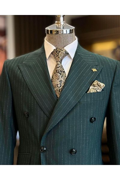 TerziAdemAltun Green Double-breasted Jacket and Pants Set - Italian Style T12258