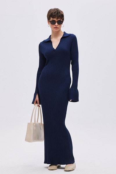 SHERIN Μακρύ πλεκτό φόρεμα Navy Blue Polo Neck