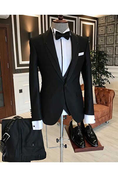 TerziAdemAltun Ιταλικό κομμένο γιλέκο παντελόνι μαύρο σετ γαμπρού T3747