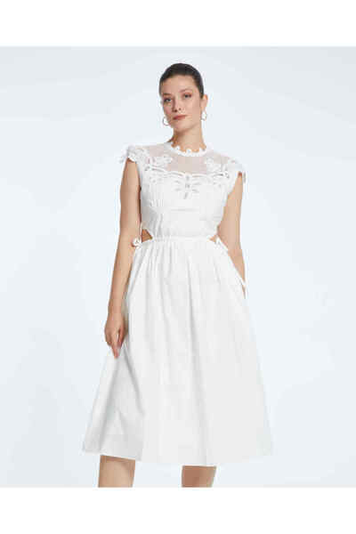 SERPİL Dantel Yaka Pencere Bel Detaylı Koton Ekru Elbise 38102