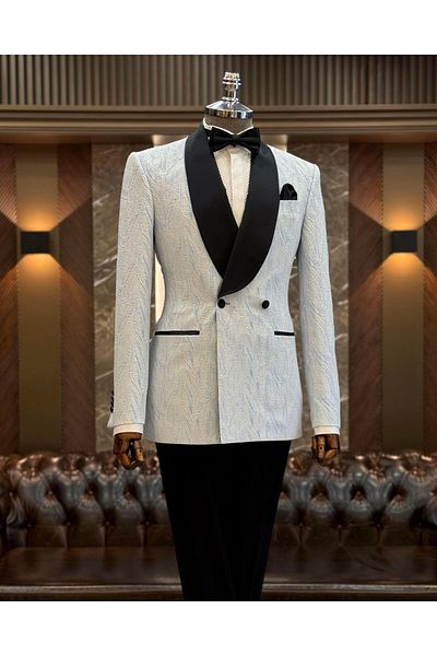 TerziAdemAltun Blue Slim Fit Italian Style Shawl Collar Double Breasted Jacket and Pants Set - Groom Suit T12027