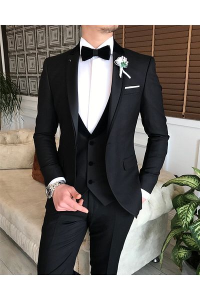 TerziAdemAltun Classic Cut Jacket Vest Trousers Oversize Groom Suit Set Black T7573