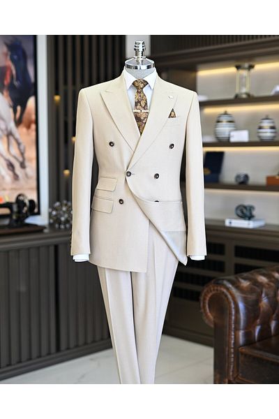 TerziAdemAltun Set jachetă și pantaloni pentru bărbați în stil italian slim fit Camel - T11562